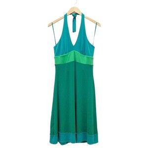 BCBGMaxAzria Halter Dress Teal & Aqua Color-block Midi Dress Y2K Size Large